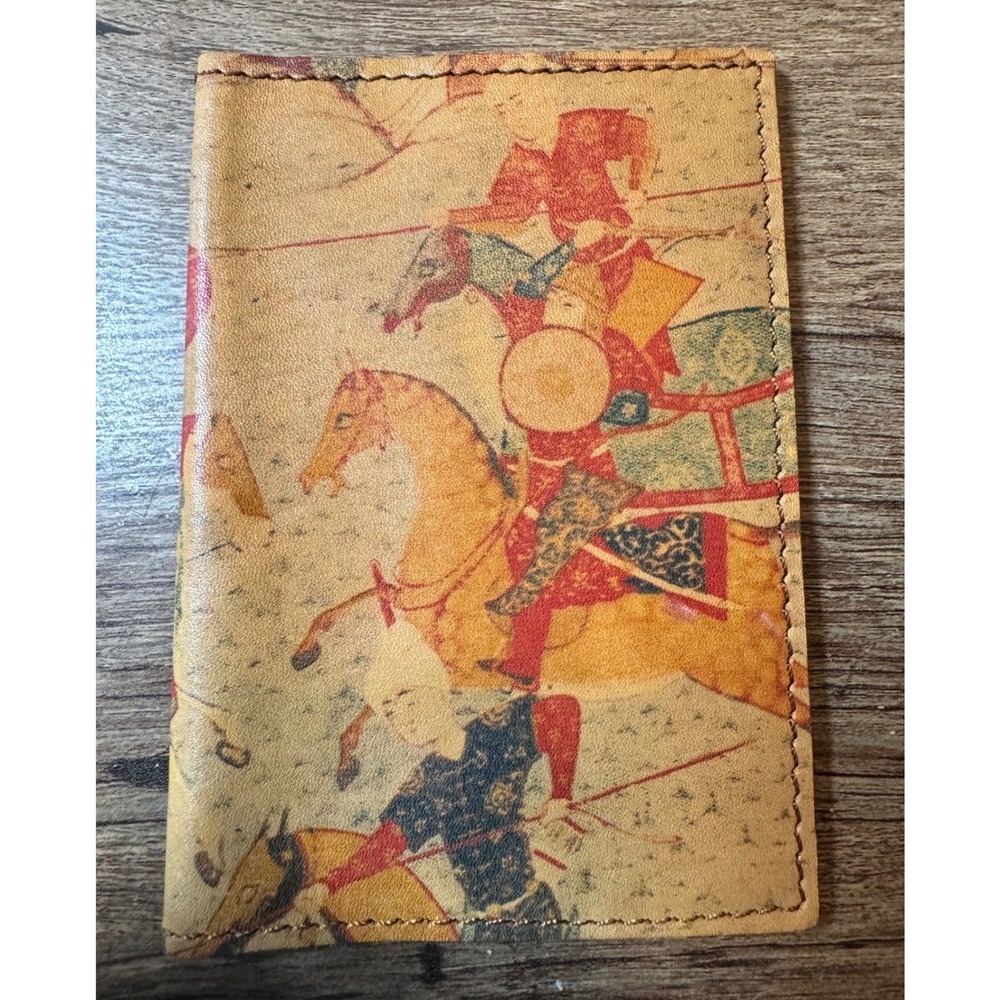 Kanishka Leather Passport Holder Persian Miniature Art Warrior Print Tan Travel